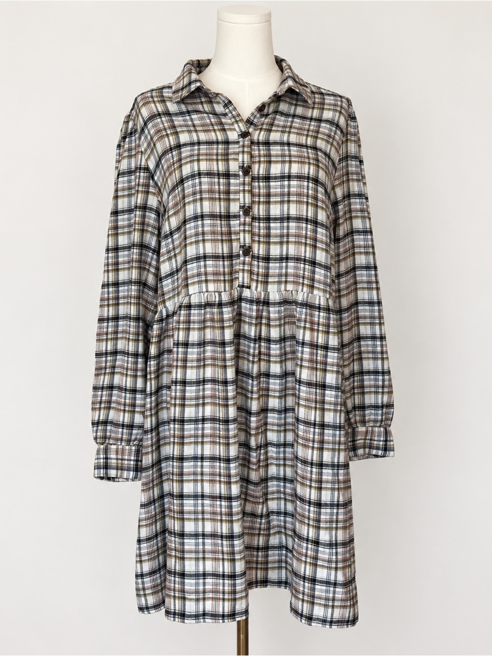 LOFT Size Large Plaid Flannel Feel Babydoll Shirt Dress Long Sleeve